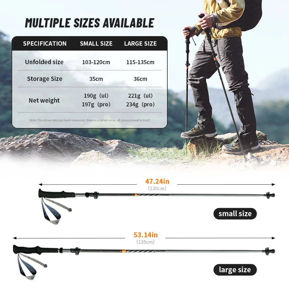 Ultralight Carbon Fiber 5-Section Folding Trekking Poles, Collapsible Quick-Lock Hiking Poles Adjustable 103–120 cm (40.6–47.2 in) or 115–135 cm (45.3–53.2 in)