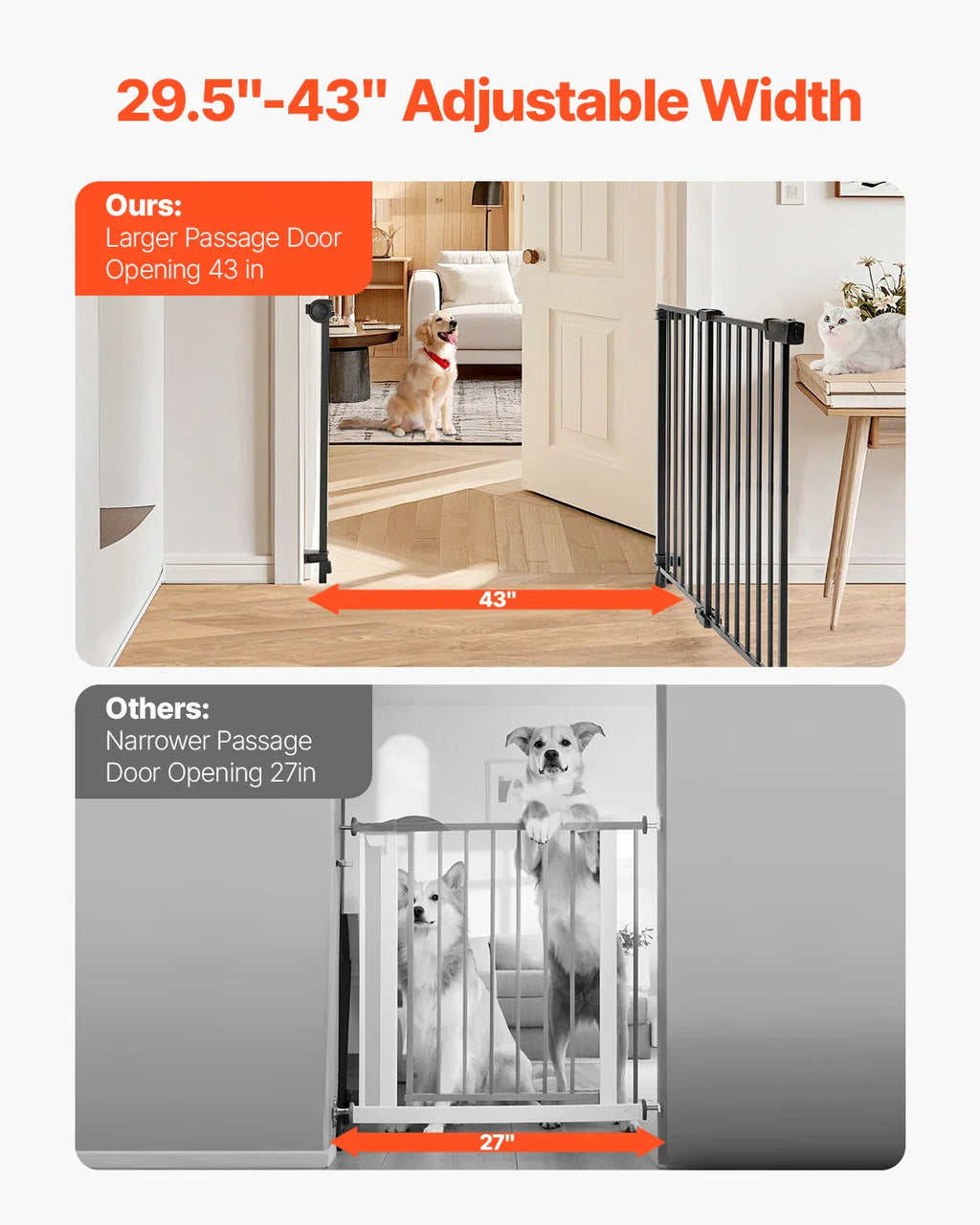 Adjustable Baby & Pet Gate 29.5–43 in (75–109 cm) Width, 28 in (71 cm) High Walk-Through No-Threshold Gate with One-Hand Double-Lock