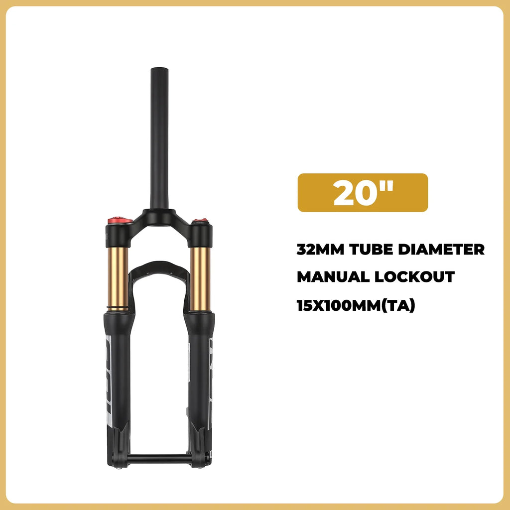 Air & Oil Suspension Fork for 20-inch / 24-inch Bikes, Alloy Upper & Magnesium Lower, Remote Lockout, 100–135 mm (3.9–5.3 in) Travel