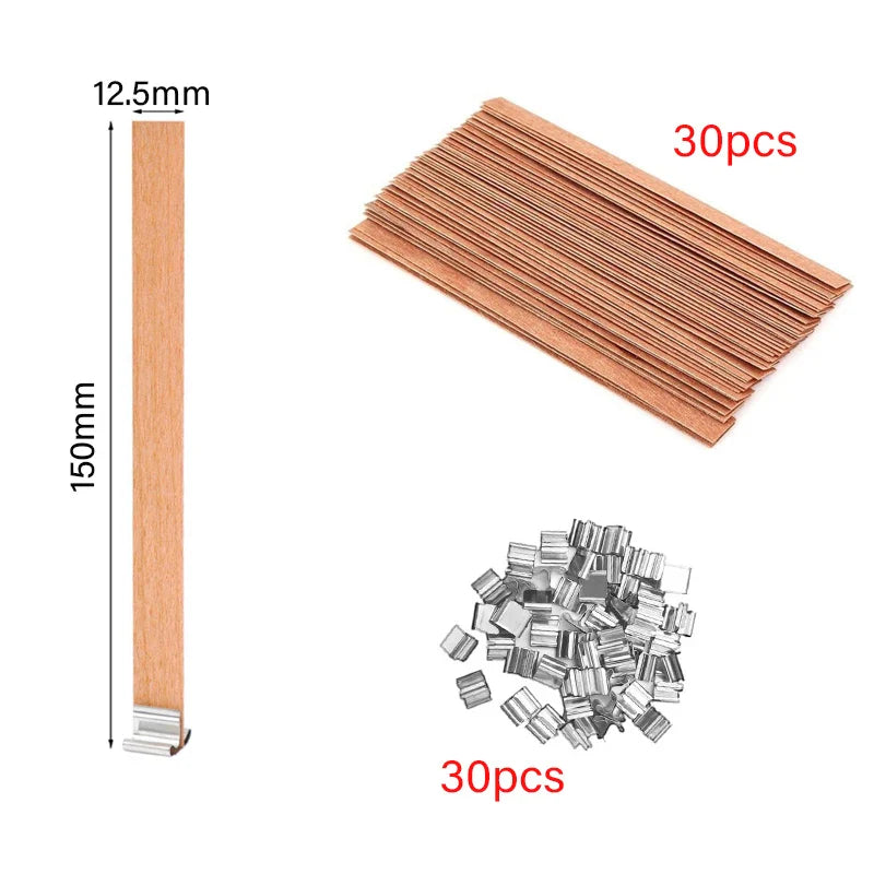 30/50-Pack Cherry Wood Candle Wicks with Metal Clip Bases – Smokeless Wooden Wicks for DIY Jar Candles