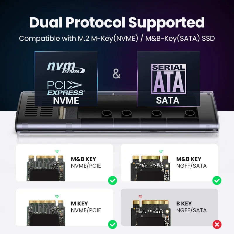 M.2 NVMe SATA SSD Enclosure USB-C 3.2 Gen2 10Gbps Tool-Free Fits 2230/2242/2260/2280 Up to 8TB Aluminum Case with Silicone Sleeve