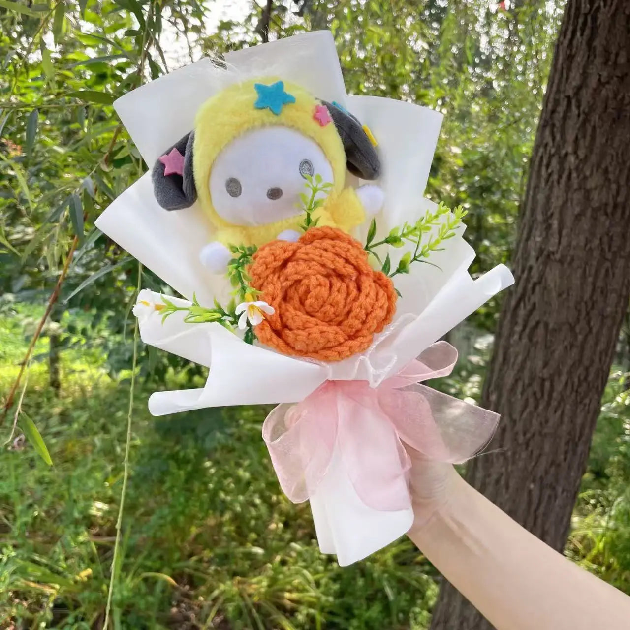 Kawaii Cat Plush Bouquet with Artificial Flowers — Cute Plush Doll Gift for Her, Valentine, Birthday, Graduation