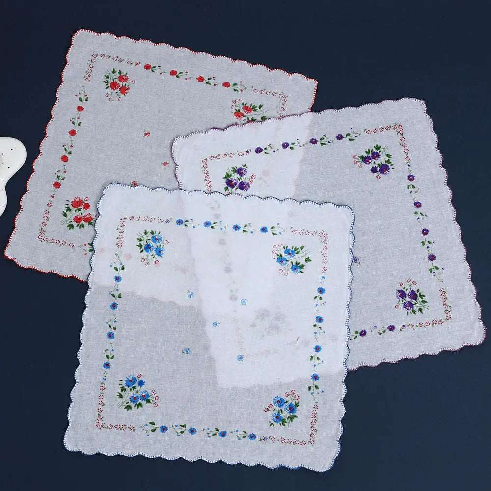 6-Pack Cotton Floral Handkerchiefs for Women, 28 cm (11 in) Scalloped Edge Pocket Towels & Wedding Napkins