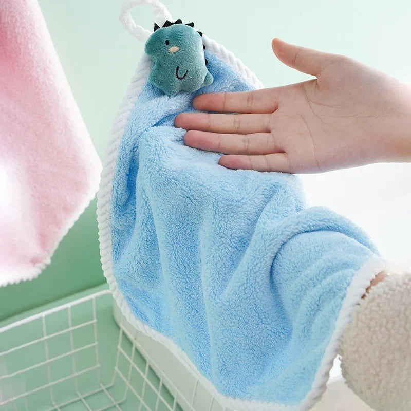 4-Pack Cartoon Kids Hanging Hand Towels - Soft Absorbent 11 x 11 in (28 x 28 cm) Washcloths for Baby, Kitchen & Bathroom