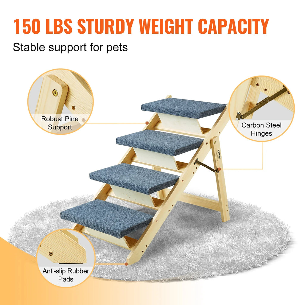 Foldable Wooden Pet Stairs & Ramp 2-in-1 — Pet Steps for Dogs & Cats, 30.9in x 18.5in x 25.5in (78.5 x 47 x 64.8 cm), Supports 150 lb (68 kg)