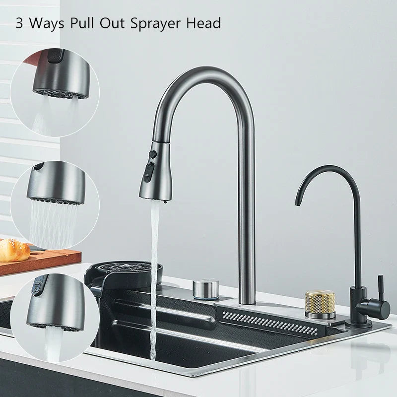 304 Stainless Steel Waterfall Kitchen Sink Large Single Bowl Undermount 60 x 45 cm (23.6 x 17.7 in) Brushed Finish Faucet Set 3-Way Pull-Out Sprayer
