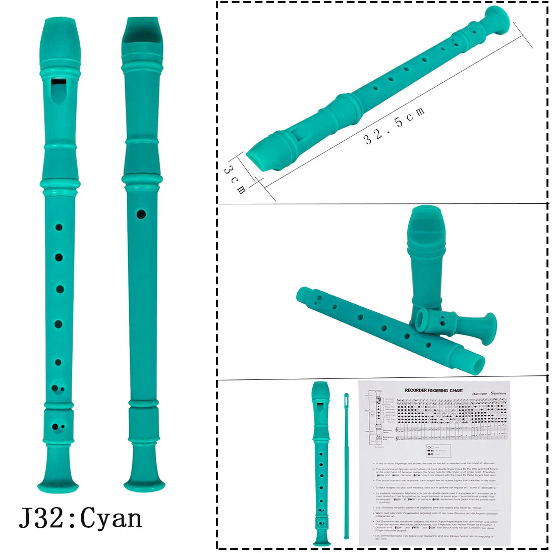 8-Hole ABS Recorder Long Flute for Kids & Beginners, Colorful Woodwind Instrument with Cleaning Rod (12.8 in / 32.5 cm)
