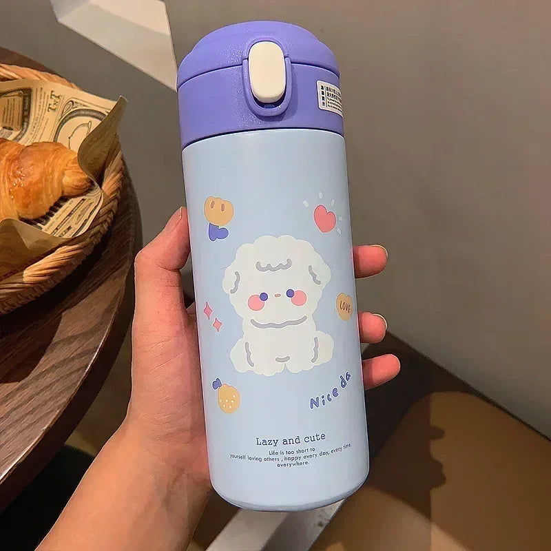 380ml (13 fl oz) Stainless Steel Insulated Thermos Bottle with Straw - Cute Cartoon Tumbler for Women