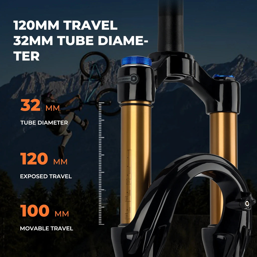 120mm (4.7in) Travel Mountain Bike Air Fork 27.5/29 in, 32mm (1.26in) Stanchion Magnesium Alloy Suspension - Orange
