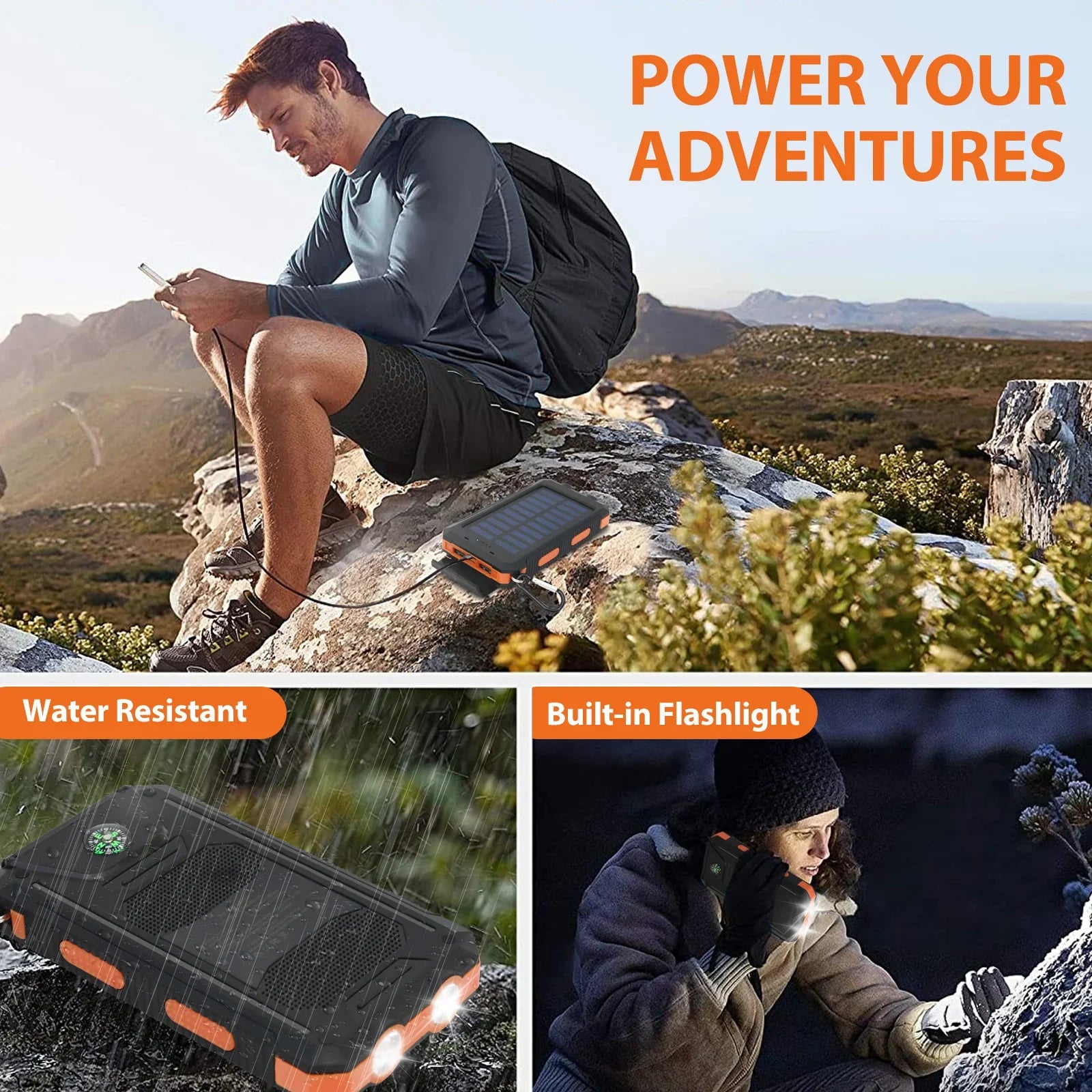 20000mAh Solar Power Bank - Portable Solar Charger with Dual USB, USB-C Input, Built-in Cables & LED Flashlight