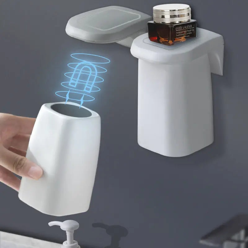 1-4 Pack Japanese Minimalist Magnetic Wall Mounted Toothbrush and Mouthwash Cup Holder
