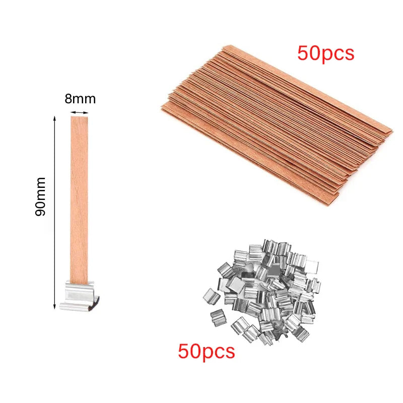 30/50-Pack Cherry Wood Candle Wicks with Metal Clip Bases – Smokeless Wooden Wicks for DIY Jar Candles