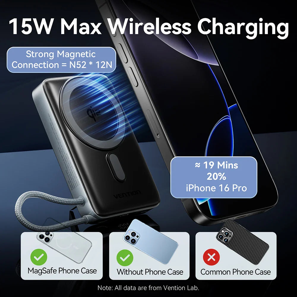35W 10000mAh Qi2 Magnetic Power Bank 15W Wireless Fast Charger with Built-in USB-C Cable and Foldable Stand