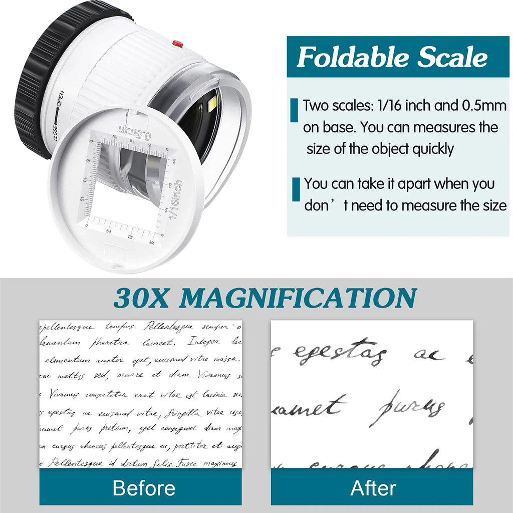 30X Pocket Handheld Magnifier with 3 LED & UV Lights - 30mm Lens Adjustable Focus Loupe for Jewelry, Reading & Collectibles