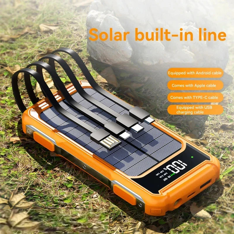 200000mAh Solar Power Bank — 4-in-1 Built-in Cables, Fast Charge, Digital Display & LED Emergency Light