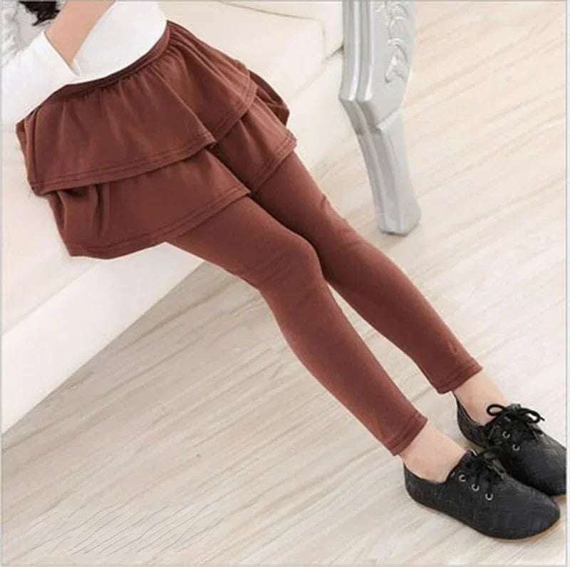 Girls Skirted Leggings - Cotton-Blend Ruffled Cake Skirt Pants for Ages 3–11 (Spring/Autumn)