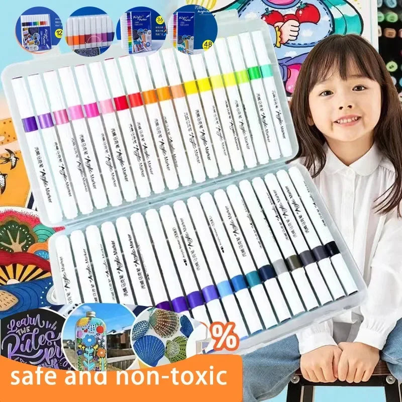 Acrylic Paint Marker Pens – 12/24/36/48/60 Color Sets in PVC Case | Quick-Dry Waterproof Soft Tip for Fabric, Ceramic, Glass, Wood, Stone