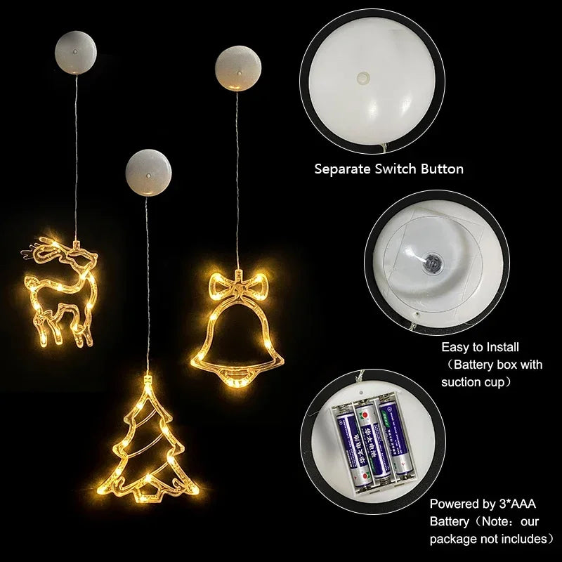 Battery-Operated Christmas LED Snowflake & Santa Hanging Window Ornaments – Warm White Holiday Decor