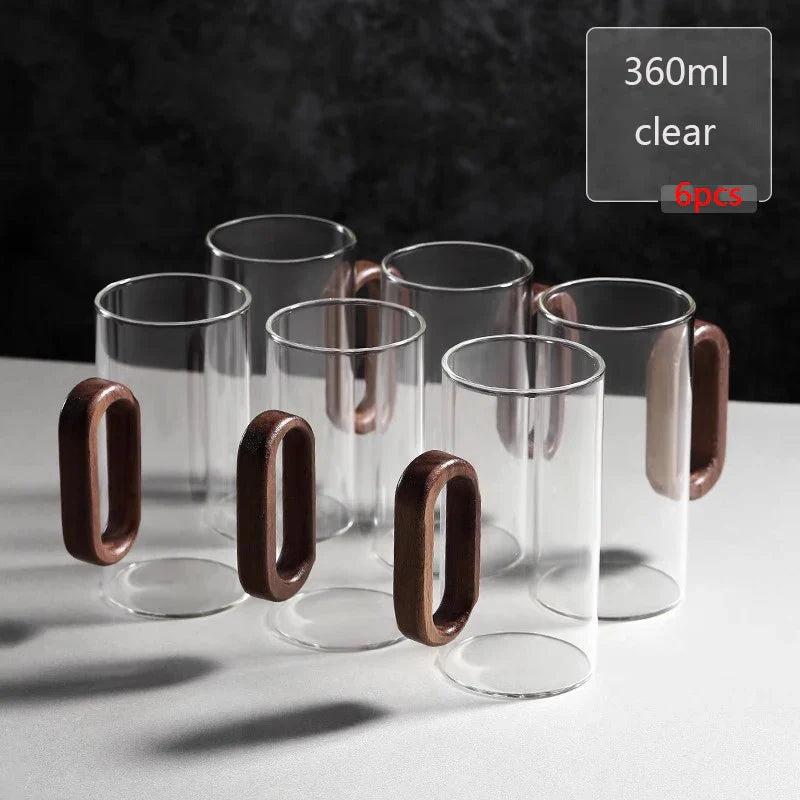 2/4/6-Pack Borosilicate Glass Mugs with Walnut Wooden Handle, 360 ml (12.2 fl oz) Heat-Resistant Teacup Set for Coffee, Milk & Juice