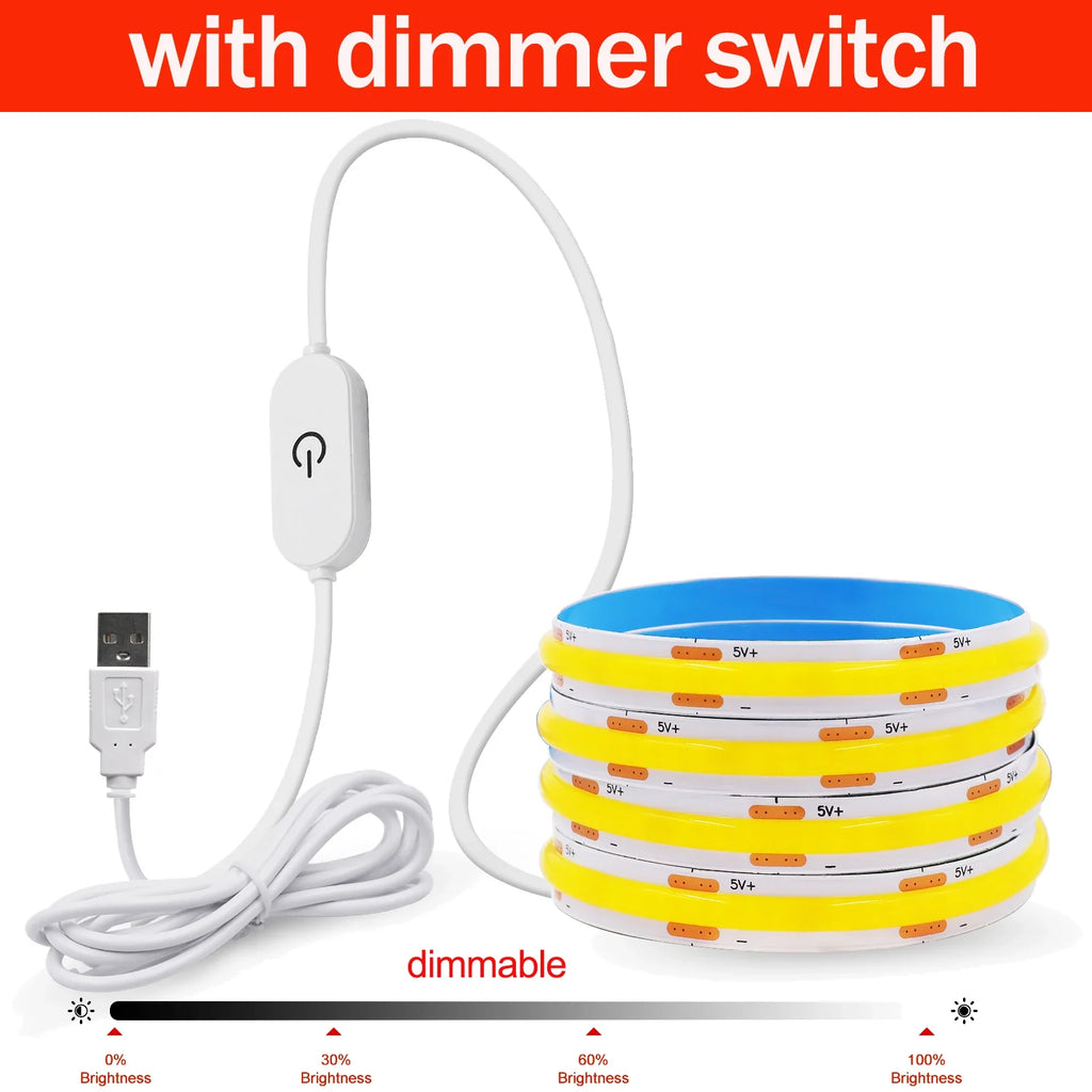 Dimmable COB LED Strip Light 5V USB with ON/OFF Switch — 320 LEDs/m High-Density Flexible Tape Light, Adhesive Backing, 3000K/4000K/6000K