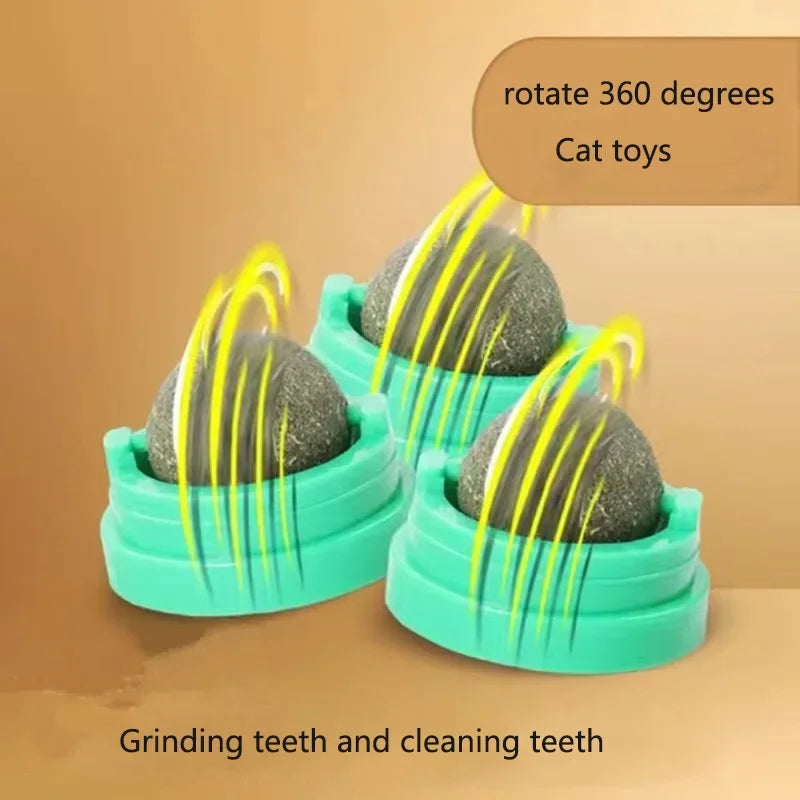 Catnip Wall Stick-On Spin Ball Toy for Cats — Adhesive Cat Grass Treat for Play & Dental Care