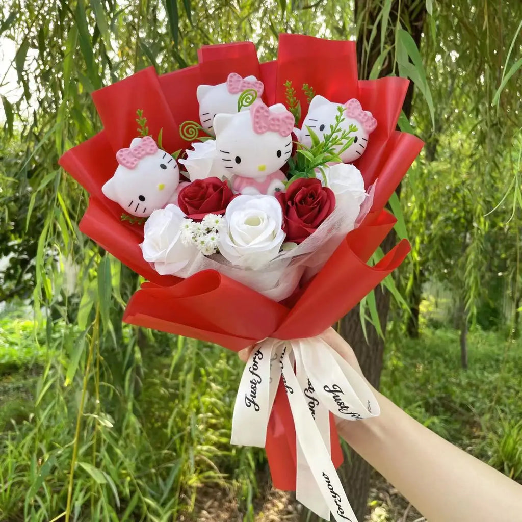 Kawaii Cat Plush Bouquet with Artificial Flowers — Cute Plush Doll Gift for Her, Valentine, Birthday, Graduation