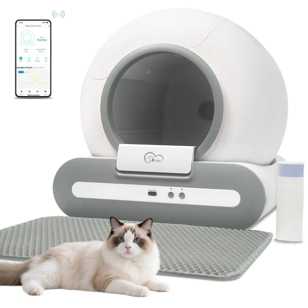 56L Self-Cleaning Smart Cat Litter Box — App Control (2.4GHz Wi‑Fi Only), Low-Entry 5.9 in / 15 cm, Includes Litter Mat & Waste Bags, Fits Tofu & Clumping Litter
