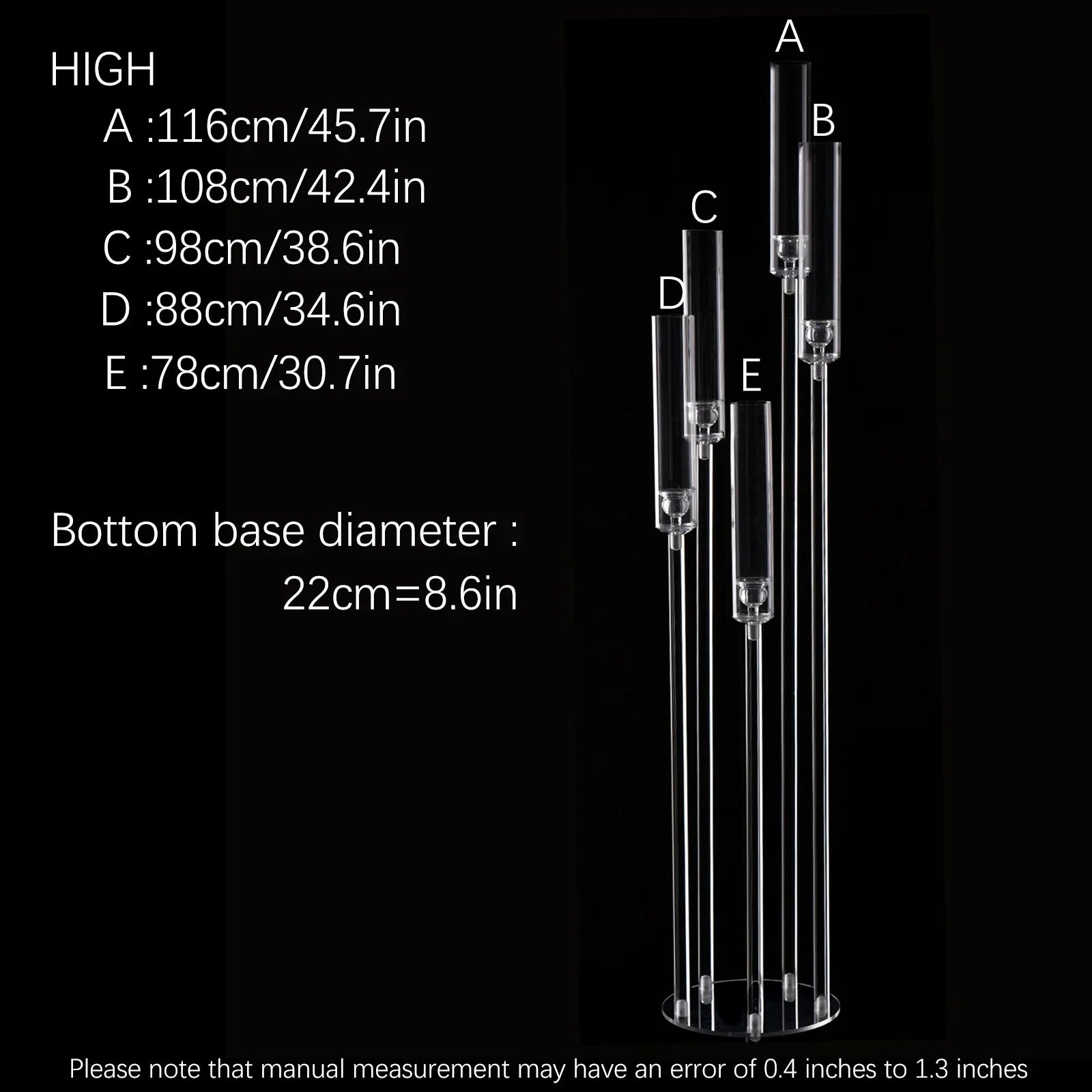 10-Pack Clear Acrylic 5-Arm Floor Candelabra 45.7in (116cm) – Wedding Table & Ceremony Centerpiece Candlestick Holder (LED Taper Compatible)