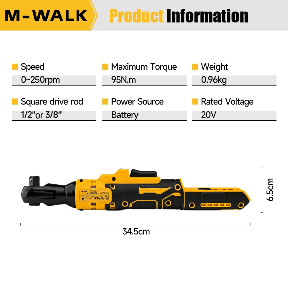 Cordless Electric Ratchet Wrench 95 N·m, 3/8 in (9.5 mm) & 1/2 in (12.7 mm) Impact Driver, Brushless, 20V Battery Compatible