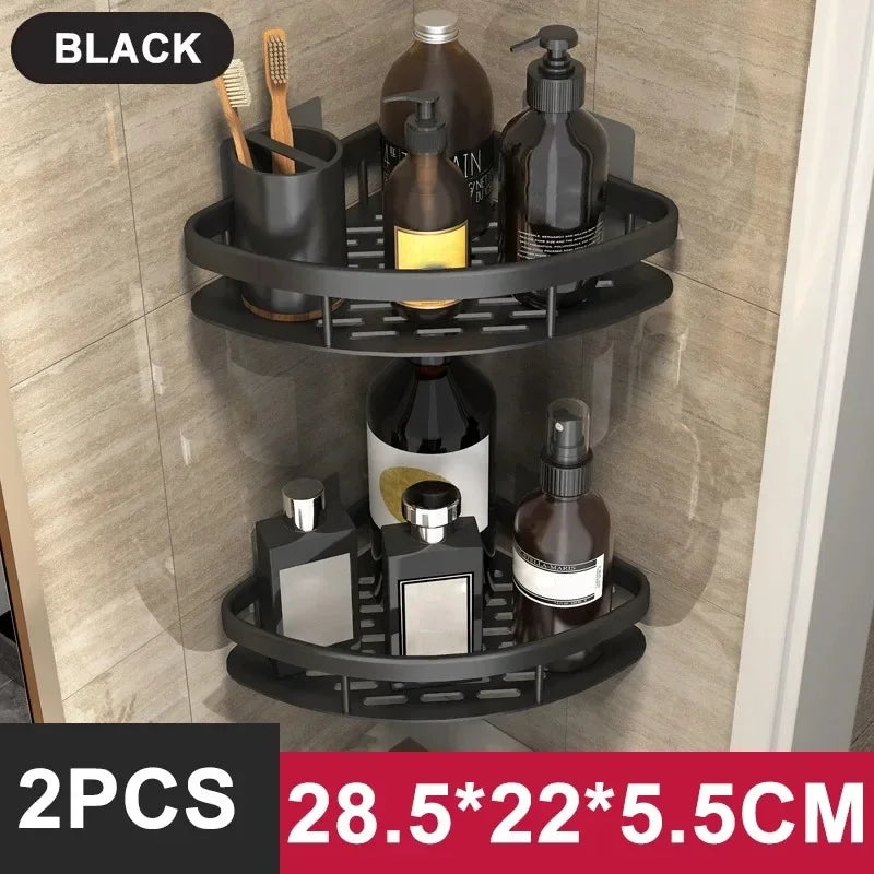 No-Drill Aluminum Alloy Bathroom Shower Shelf Wall-Mounted Shampoo Rack and Kitchen Organizer