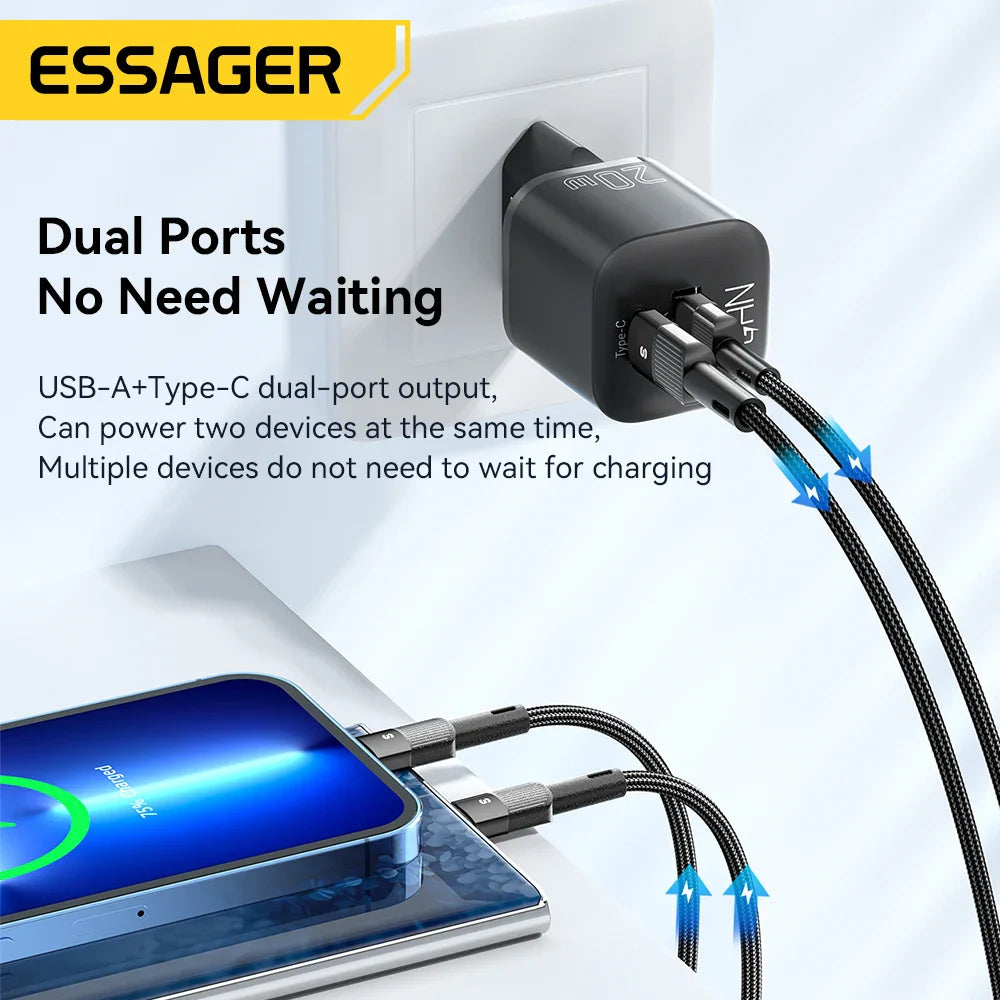 20W GaN USB-C Travel Charger with USB-A & USB-C Ports, USB PD & Quick Charge