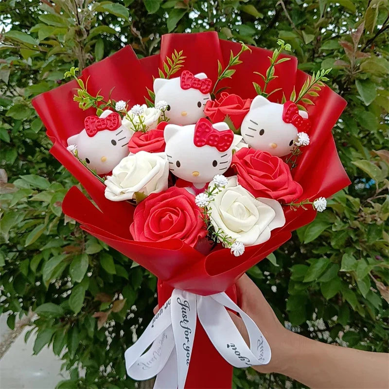 Kawaii Cat Plush Bouquet with Soap Rose Flowers — Cute Valentine's Day, Birthday & Graduation Gift