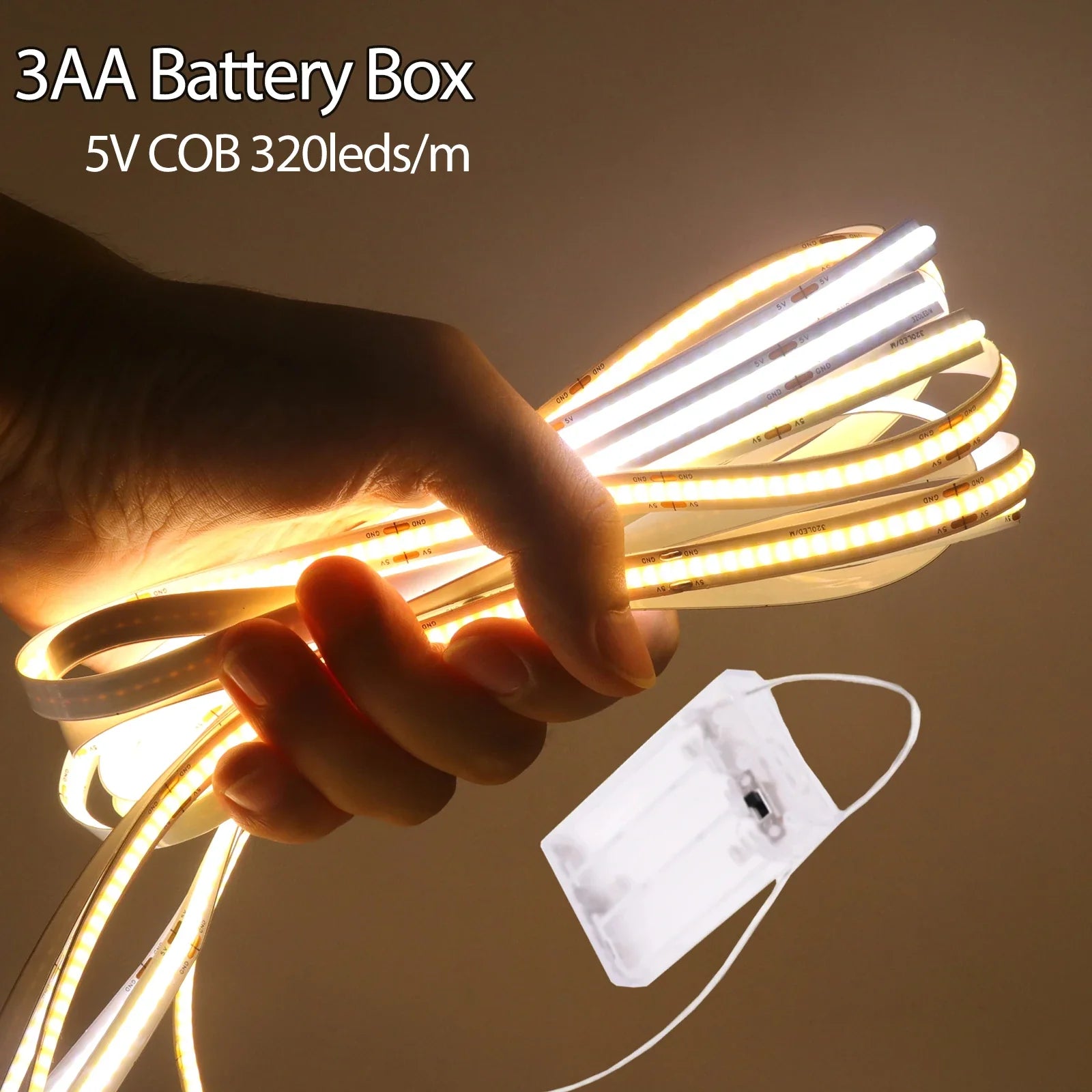 5V COB LED Strip Light with 3xAA Battery Box, 8mm 320 LEDs/m, 0.5–5m, Warm/Natural/Cool White, Adhesive Backing