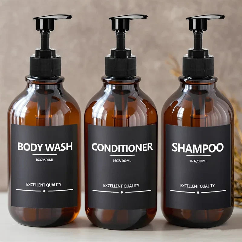 500ml (16.9 fl oz) Amber Refillable Pump Bottle Set with Black Label Stickers - Shampoo, Shower Gel & Liquid Soap Dispensers for Bathroom & Kitchen