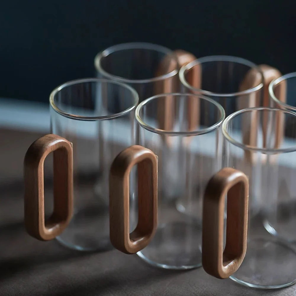 2/4/6-Pack Borosilicate Glass Mugs with Walnut Wooden Handle, 360 ml (12.2 fl oz) Heat-Resistant Teacup Set for Coffee, Milk & Juice