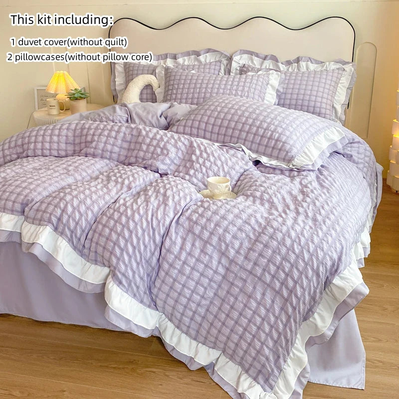 3-Piece Lace Seersucker Duvet Cover Set with 2 Pillowcases - Washed 100% Polyester, Fits 1.0-2.2 m Beds (3.3-7 ft)
