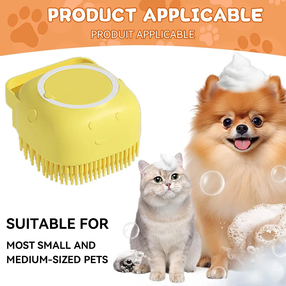 Dog & Cat Silicone Bath Brush with Shampoo Dispenser — Soft Rubber Bristles for Grooming & Massage