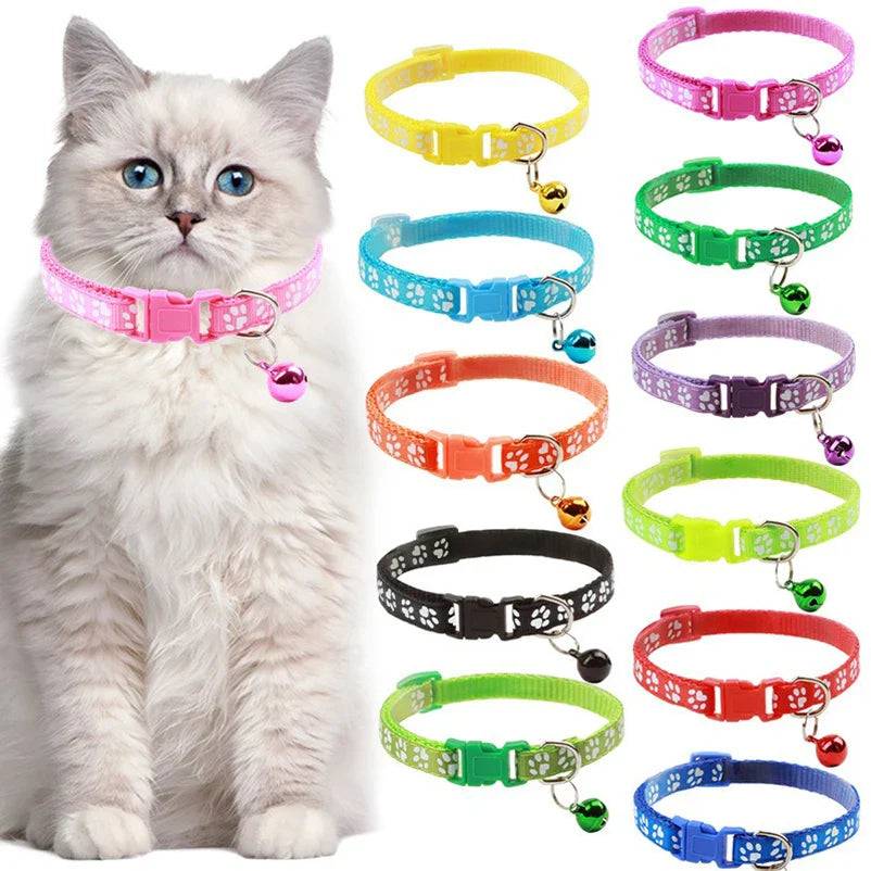 Adjustable Cat Collar with Bell and D-Ring, Dog-Print Rope Necklace, Multiple Colors