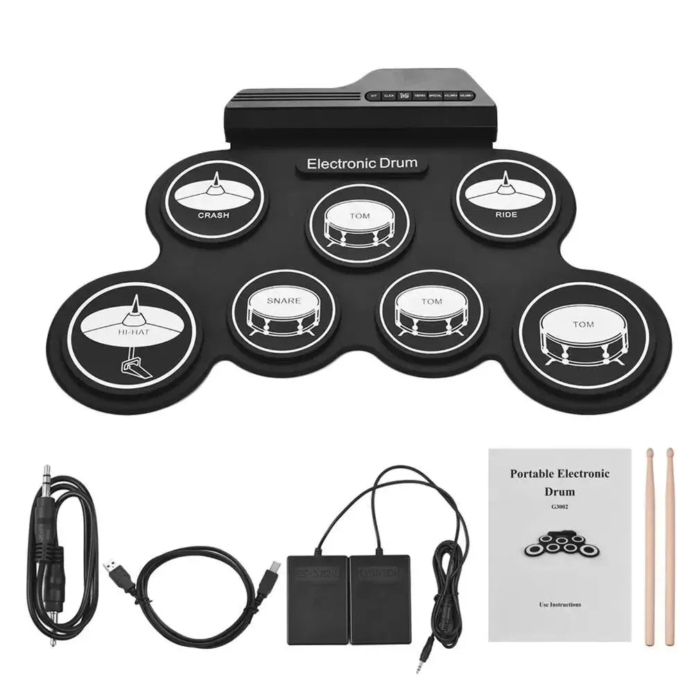 Portable Folding Silicone Electronic Drum Pad USB Hand-Roll Practice Kit with Drumsticks & Sustain Pedal