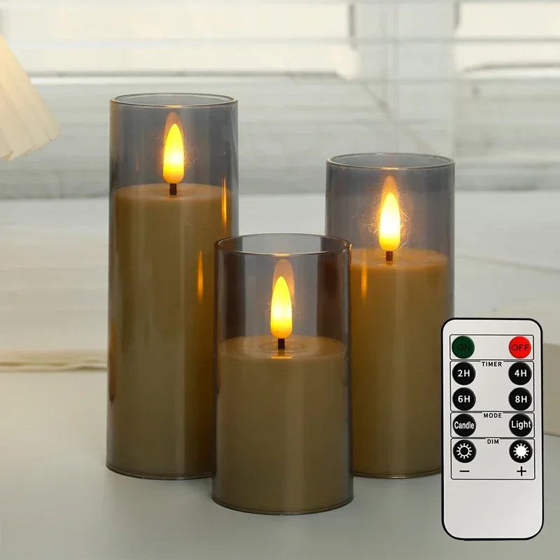 3-Piece Acrylic Flameless LED Candles with Remote & Timer, Flickering Battery-Operated Clear Glass Effect for Wedding, Party & Christmas