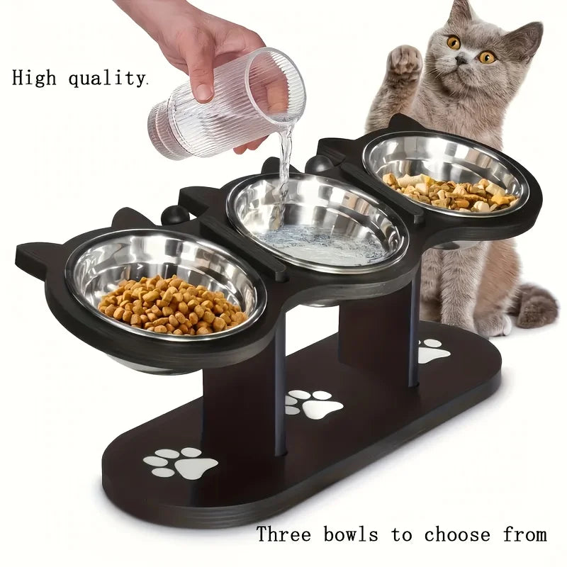 3-Tier Elevated Cat Feeder - Wood & Stainless Steel Adjustable 15-Degree Slanted Bowls, Removable Stands