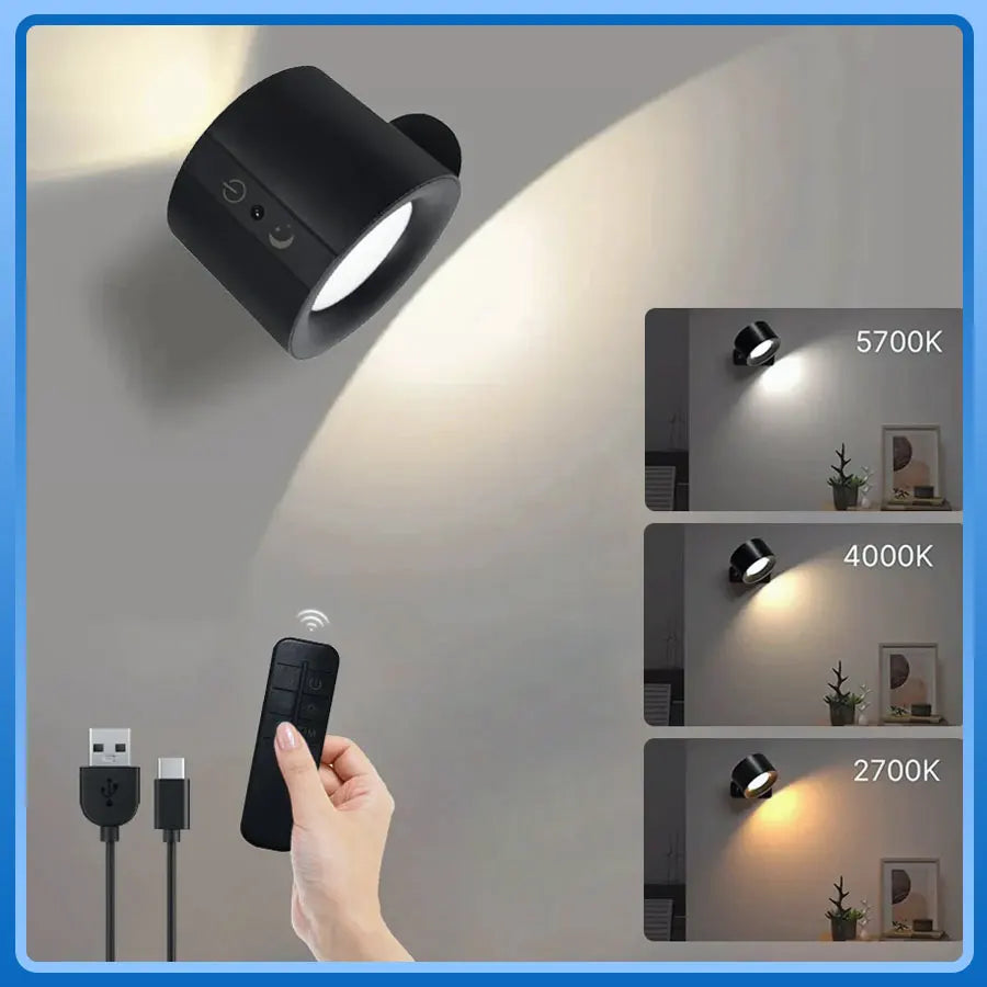 Double-Head Magnetic LED Wall Lamp Rechargeable 360° Rotating Dimmable Spotlight with Wireless Remote for Bedroom and Living Room