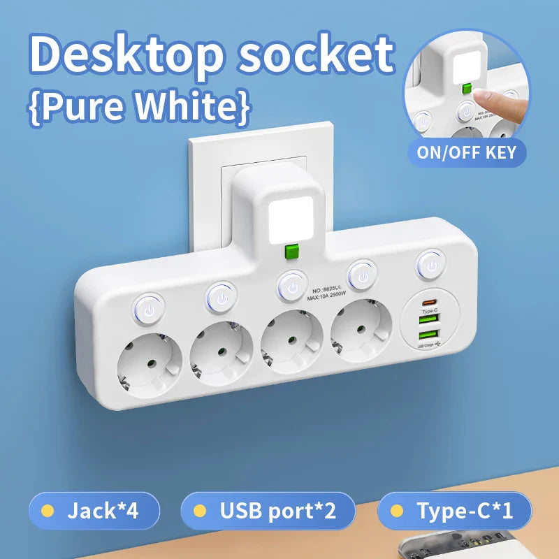 EU 4-Socket Wall Power Adapter with Individual Switches, 2500W Mountable Multi-Outlet (No Extension Cable) USB Option