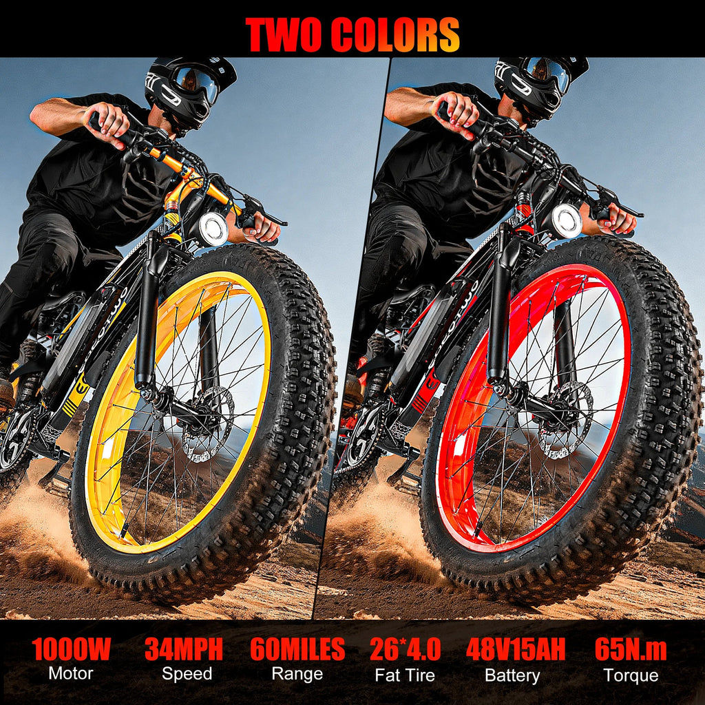 Adult Electric Fat Tire Bike 26-inch (66 cm), 1000W Motor (up to 1500W peak), 34 MPH (55 km/h), 60‑Mile Range, 4.0-inch Tires