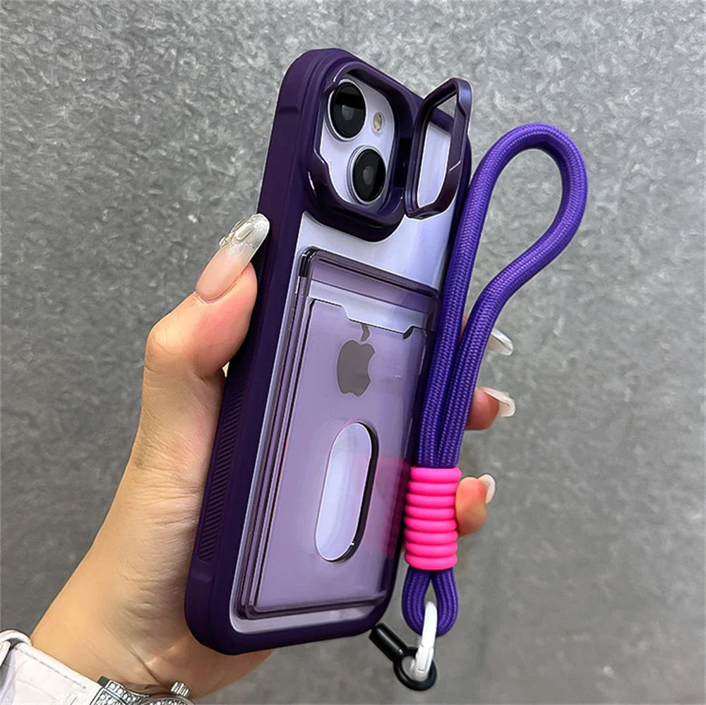 Acrylic Card Holder Fold Camera Bracket Clear Case for iPhone 16 15 14 13 12 11 Pro Max Plus Wrist Hand Strap Shockproof Cover