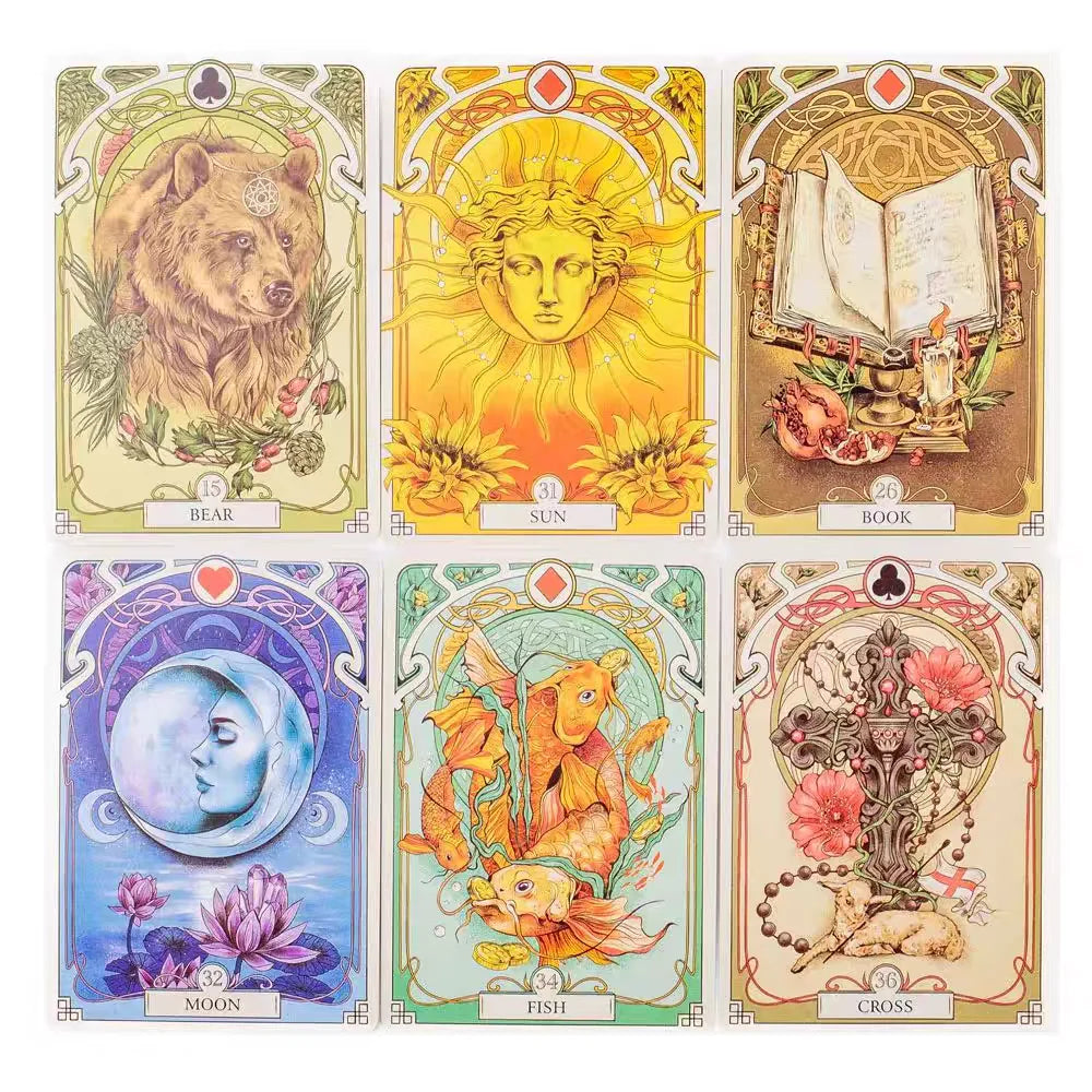 Romantic Lenormand Oracle Cards — 37-Card Deck, Art Nouveau Floral Motifs, English Vision, 10.2 x 7.2 cm (4.0 x 2.8 in) for Parties & Board Games