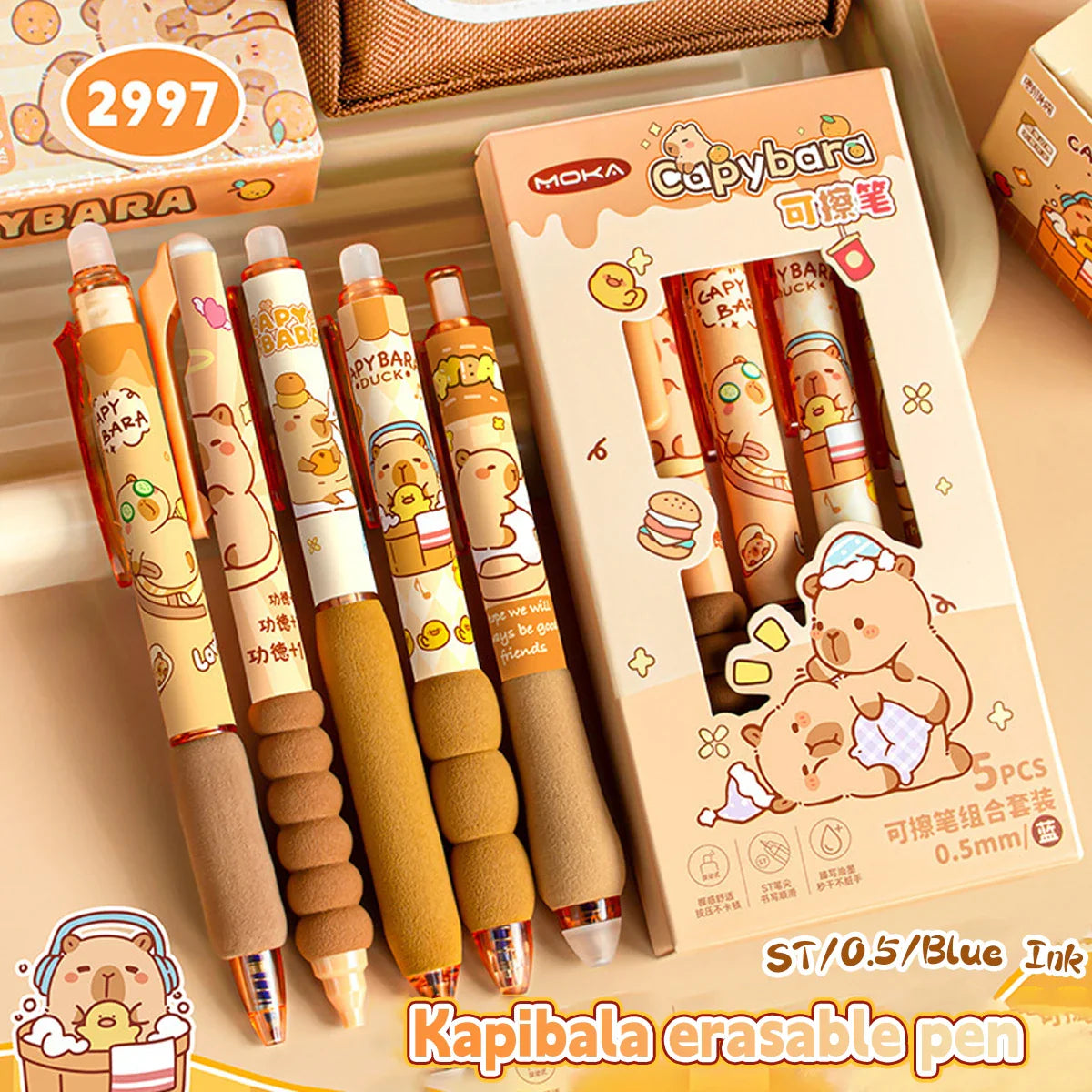 Capybara Erasable Gel Pens 6-Pack Refillable 0.5mm Smudge-Free Cute Animal Stationery for School & Office