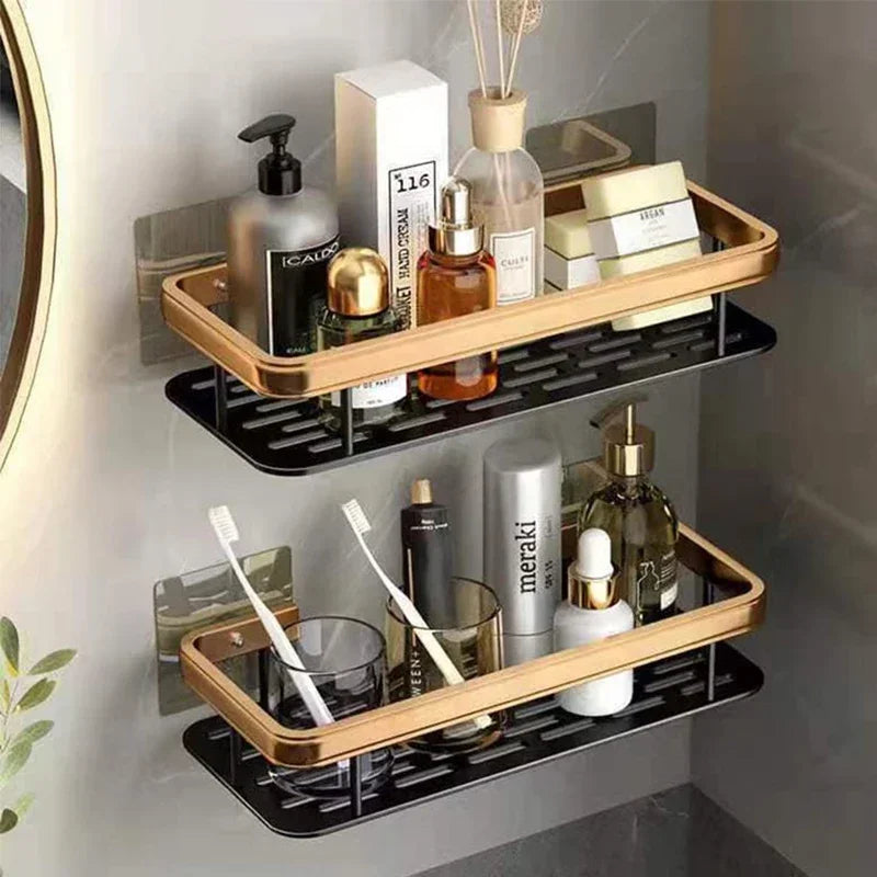 No-Drill Aluminum Alloy Bathroom Shower Shelf Wall-Mounted Shampoo Rack and Kitchen Organizer