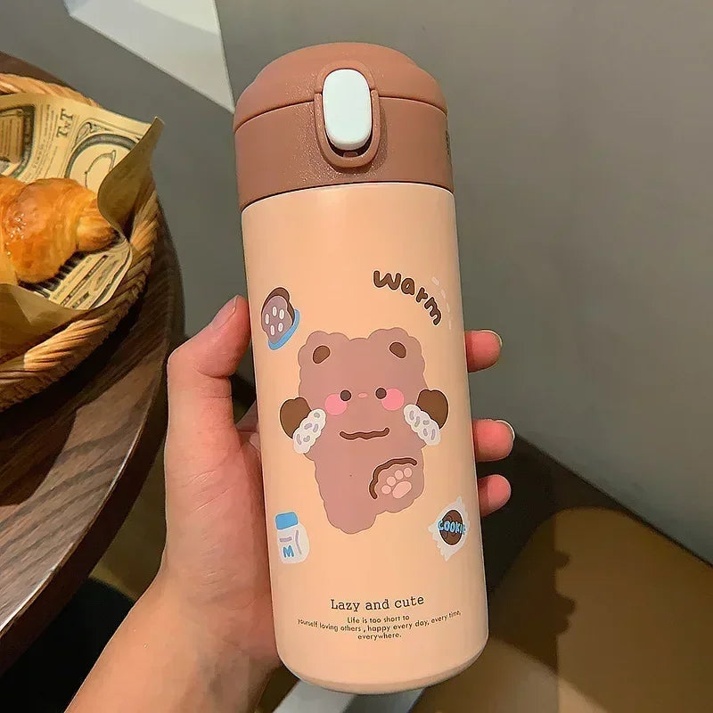 380ml (13 fl oz) Stainless Steel Insulated Thermos Bottle with Straw - Cute Cartoon Tumbler for Women