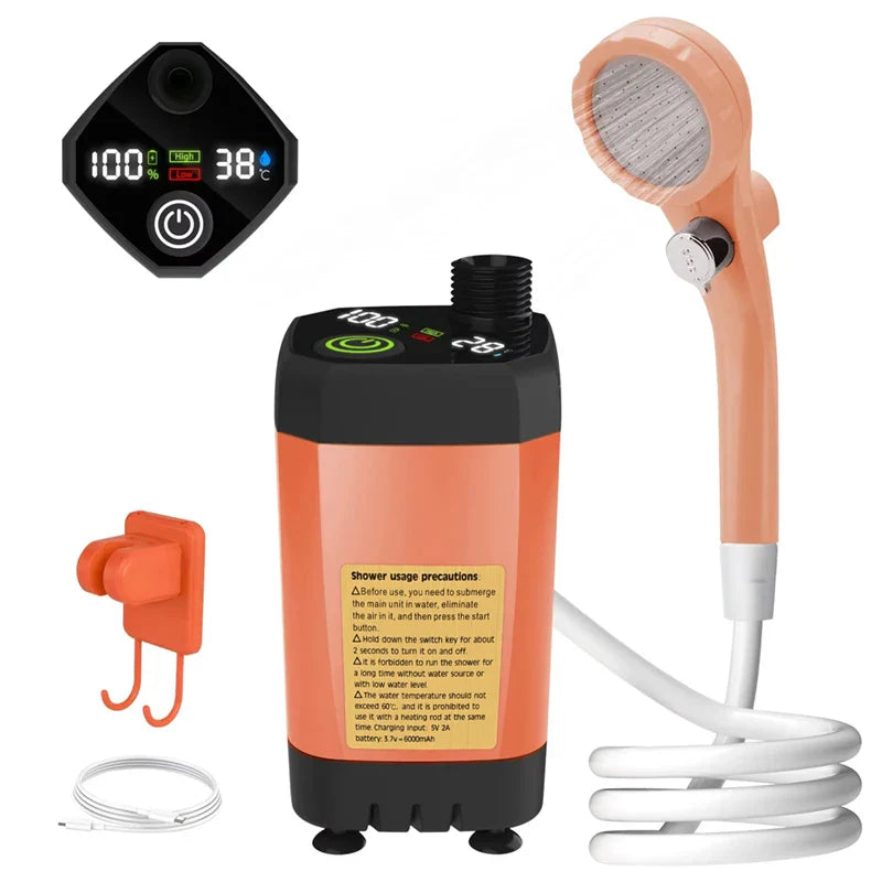 Portable 6000mAh Camping Shower Pump - Rechargeable RV Outdoor Shower Kit with Digital Display